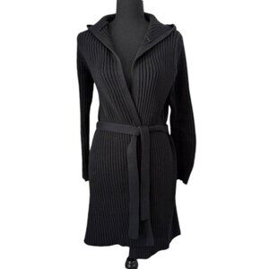VINTAGE Y2K Black Ribbed Hooded Duster Cardigan Sweater Small